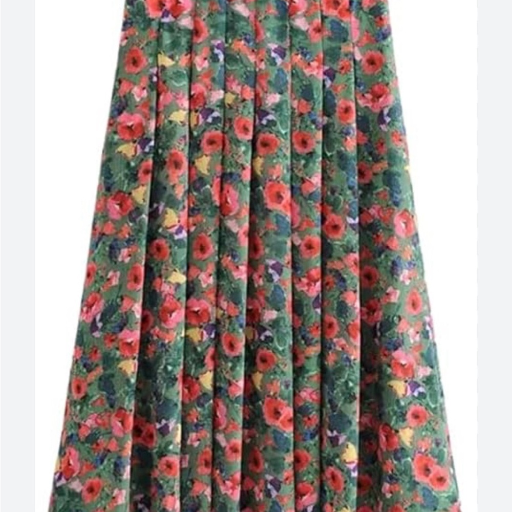 Floral Green Pleated Skirt